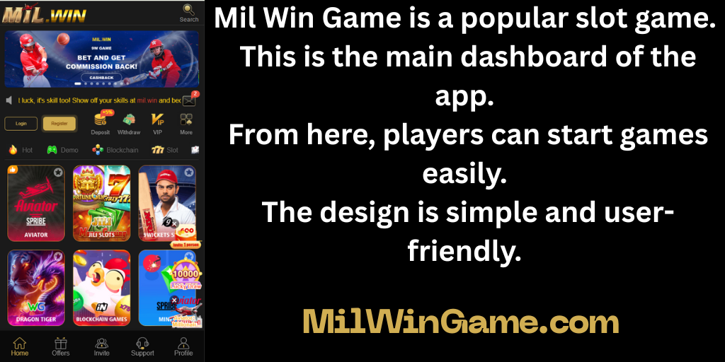 Mil Win Game is a popular slot game. This is the main dashboard of the app. From here, players can start games easily. The design is simple and user-friendly. Mil win